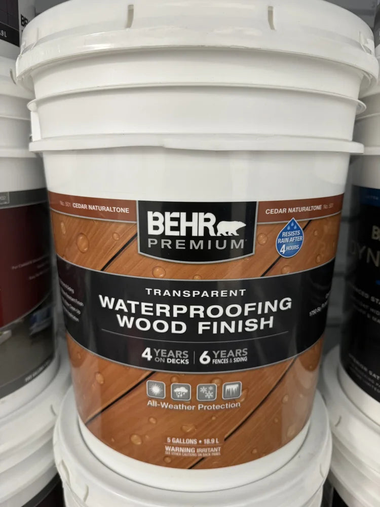 Actual inventory photo — BEHR Transparent Wood Finish — Cedar Naturaltone — 5 Gal — angle 1