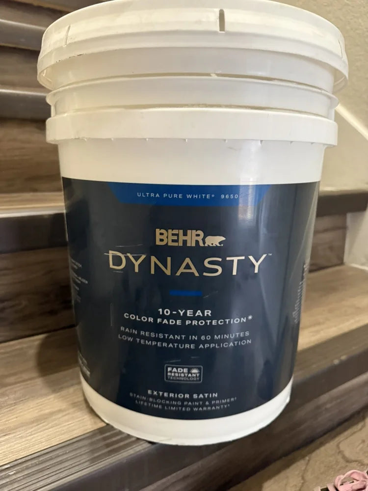 Actual inventory photo — BEHR Dynasty Exterior Satin Paint — Ultra Pure White — 5 Gal — angle 1