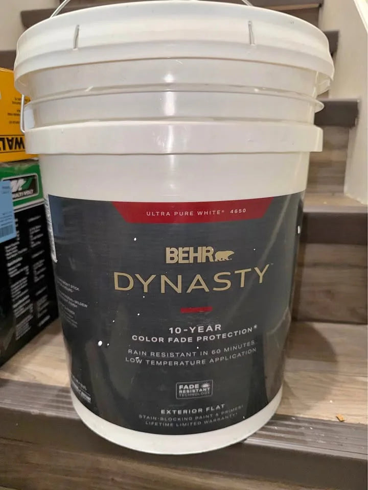 Actual inventory photo — BEHR Dynasty Exterior Flat Paint — Ultra Pure White — 5 Gal — angle 1