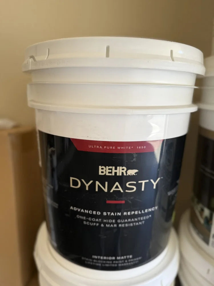 Actual inventory photo — BEHR Dynasty Interior Matte Paint — Ultra Pure White — 5 Gal — angle 1