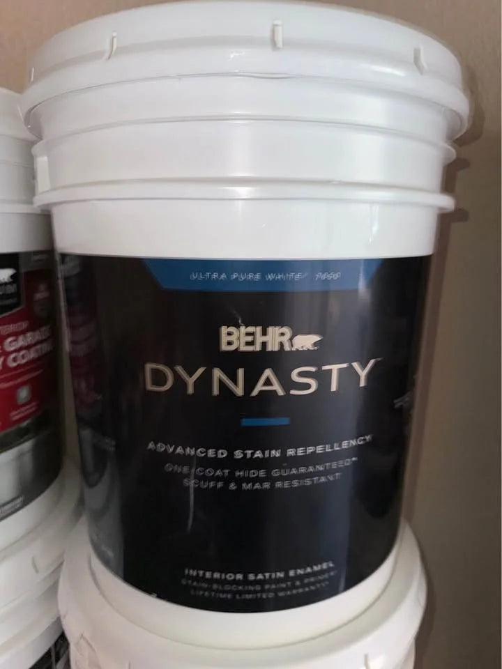Actual inventory photo — BEHR Dynasty Interior Satin Paint — Ultra Pure White — 5 Gal — angle 1