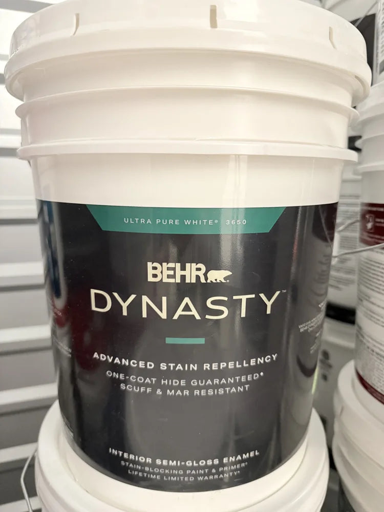 Actual inventory photo — BEHR Dynasty Interior Semi-Gloss Paint — Ultra Pure White — 5 Gal — angle 1