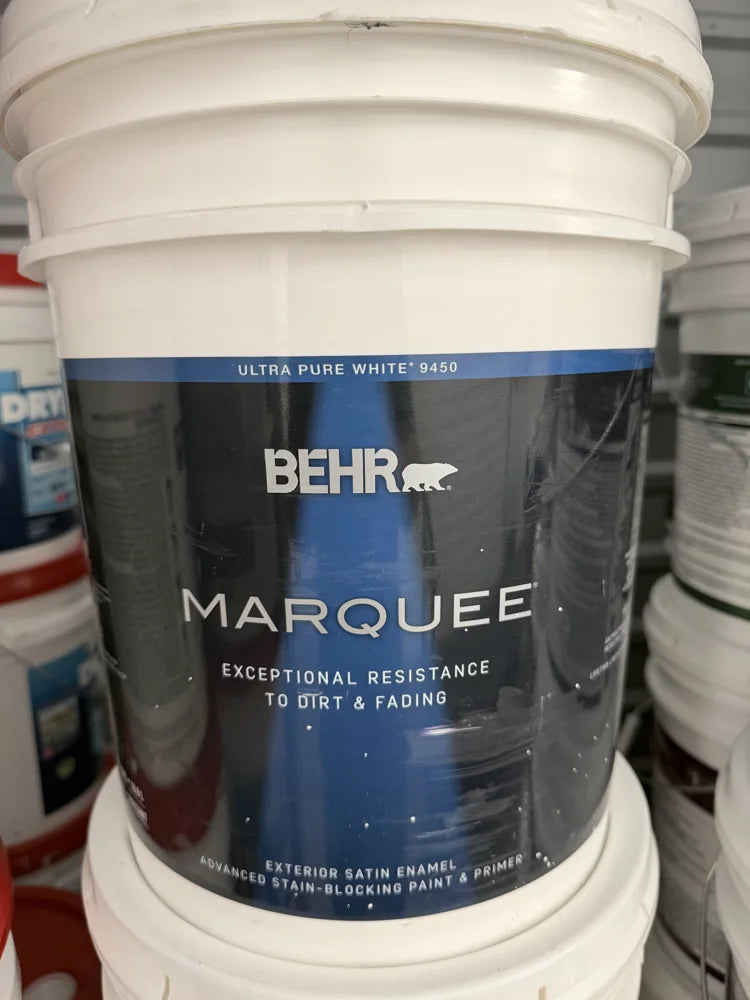 Actual inventory photo — BEHR Marquee Exterior Satin Paint — Ultra Pure White — 5 Gal — angle 1