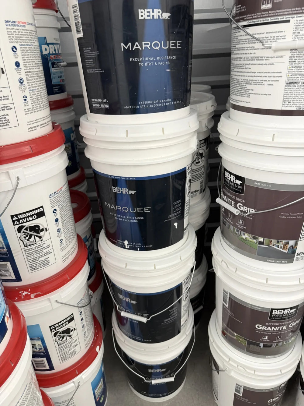 Actual inventory photo — BEHR Marquee Exterior Satin Paint — Ultra Pure White — 5 Gal — angle 3