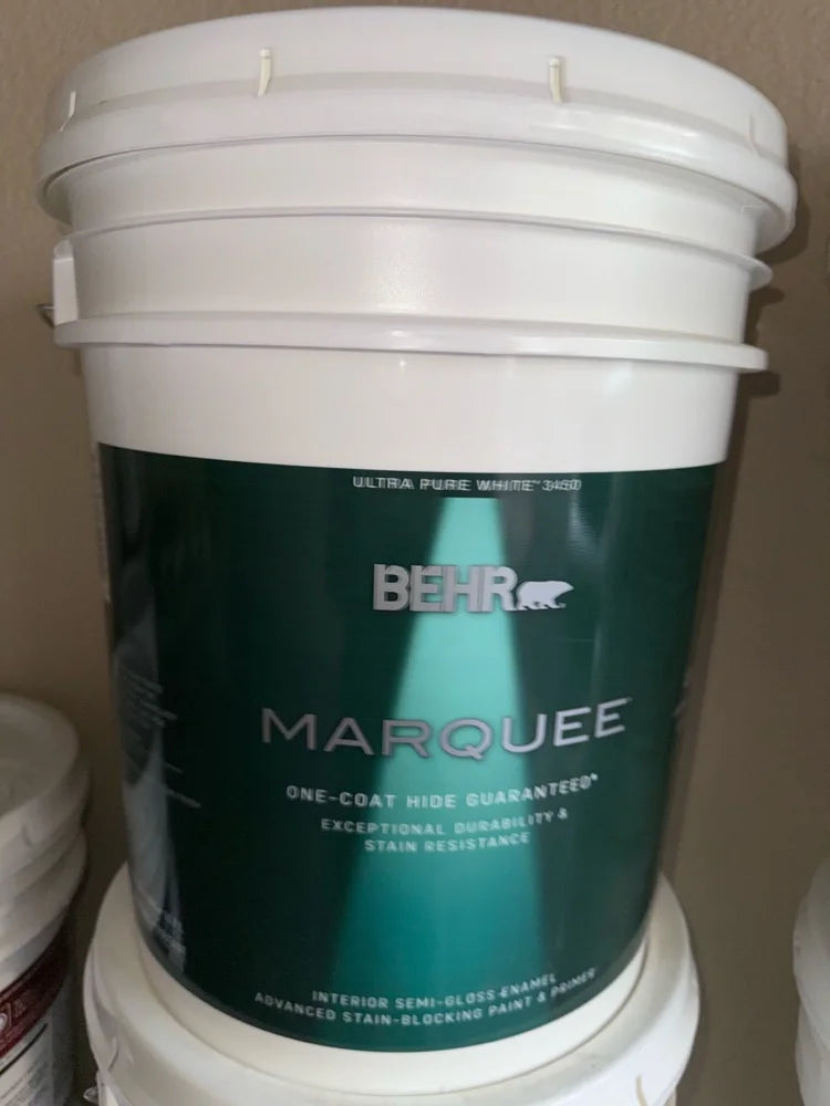 Actual inventory photo — BEHR Marquee Interior Semi-Gloss Paint — Ultra Pure White — 5 Gal — angle 1