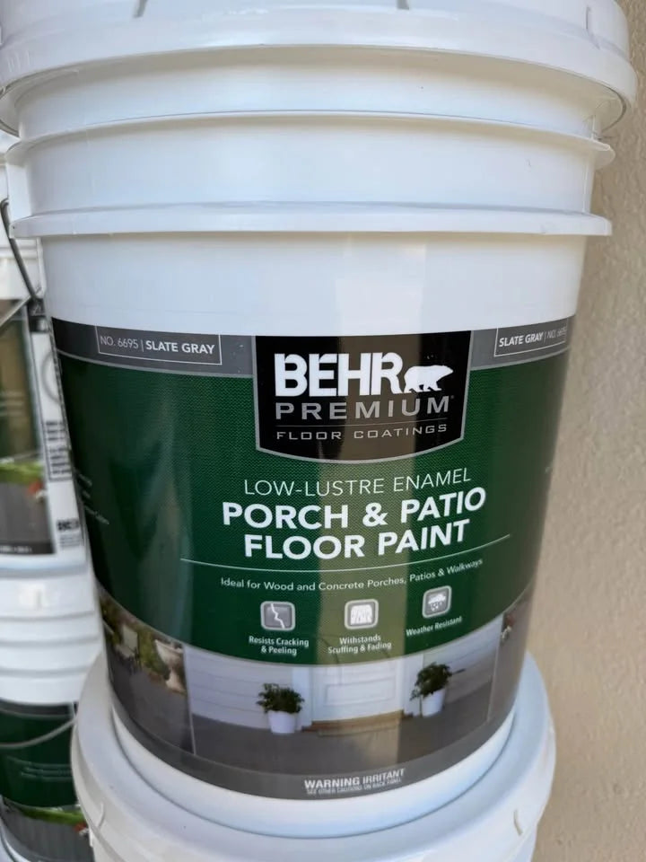 Actual inventory photo — BEHR Porch & Patio Floor Paint — Slate Gray — 5 Gal — angle 1